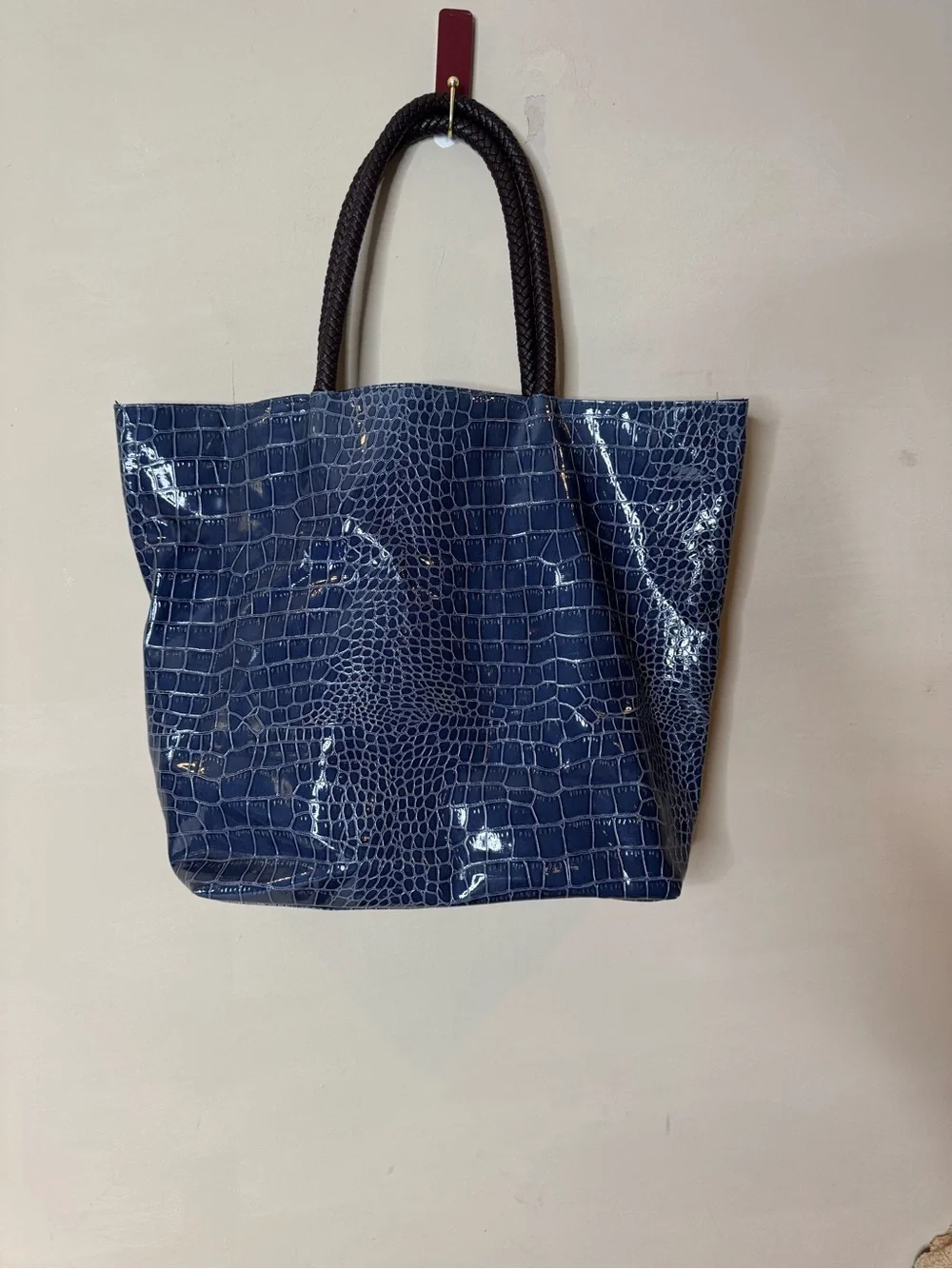 Neiman Marcus Blue Croc Embossed Patent Faux Leather Tote Shoulder Bag